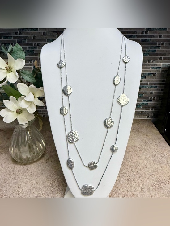 Chico's Jewelry - Chicos Long Silver Tone Layered Station Necklace Hammered Geometric Discs Boho